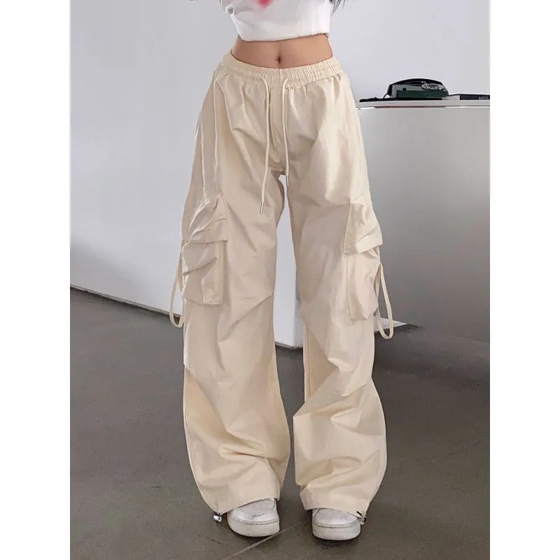 Girlary fall outfits aesthetic Apricot Overalls Women's Spring and Autumn Thin High Waist Wide Leg Straight Casual Design Quick-Drying American Retro Sports Pants