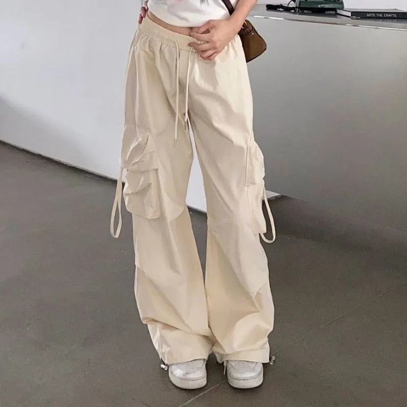 Girlary fall outfits aesthetic Apricot Overalls Women's Spring and Autumn Thin High Waist Wide Leg Straight Casual Design Quick-Drying American Retro Sports Pants