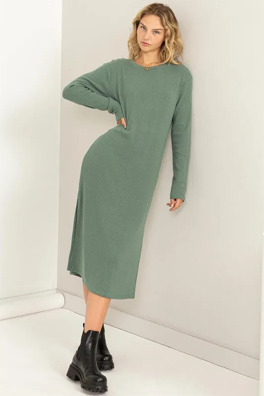 Gray Green Ribbed Long Sleeve Midi Dress