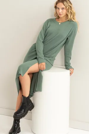 Gray Green Ribbed Long Sleeve Midi Dress