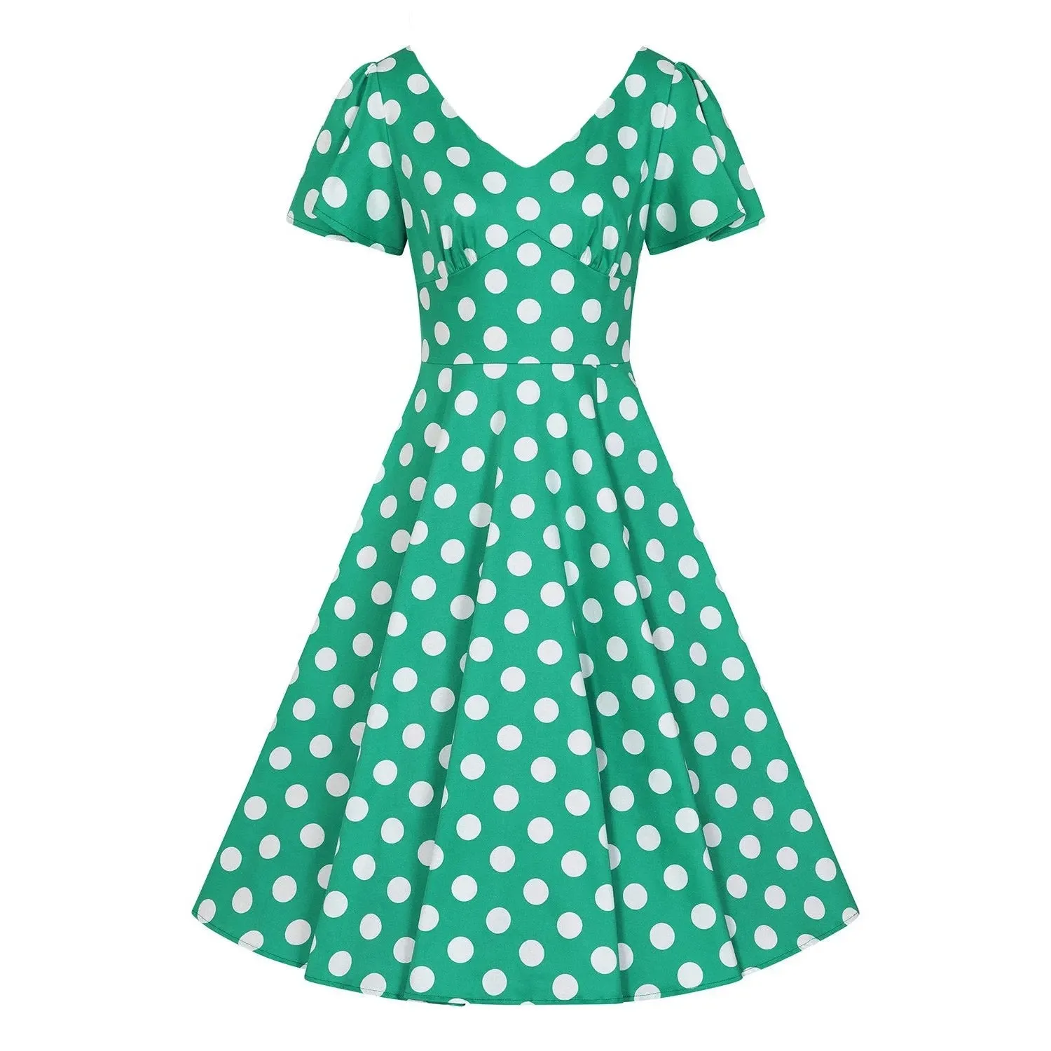 Green & White Polka Dot Short Sleeve 50s Swing Tea Dress