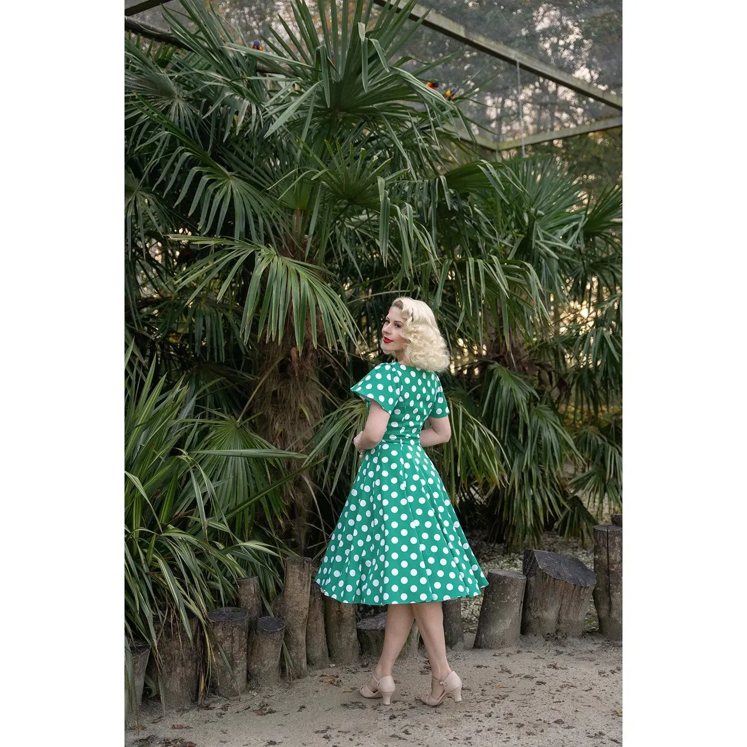 Green & White Polka Dot Short Sleeve 50s Swing Tea Dress