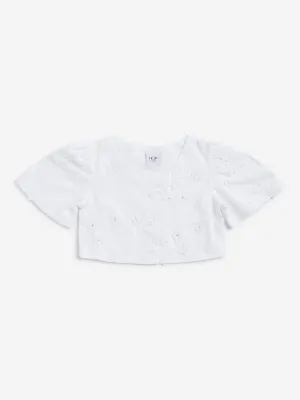 HOP Kids White Floral Embroidered Top