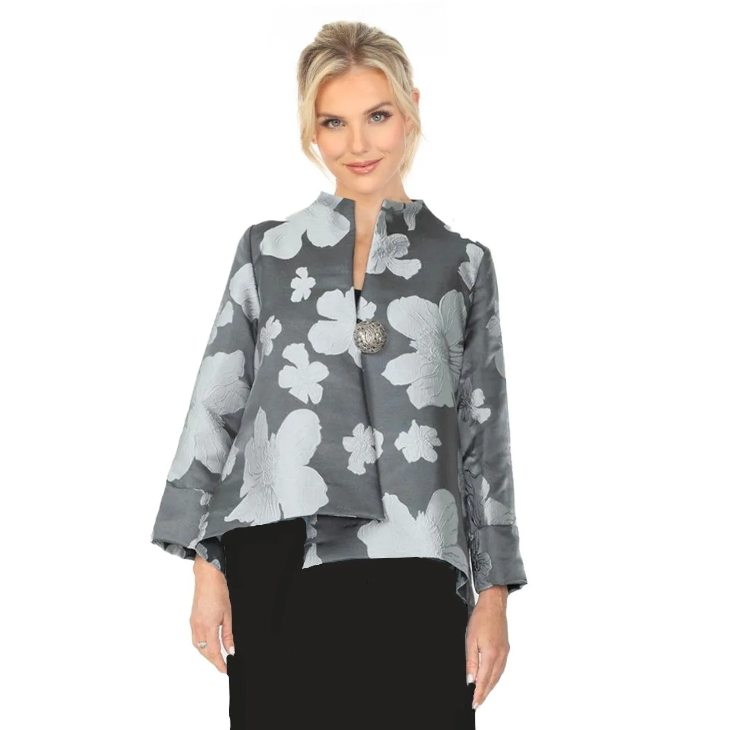 IC Collection  Floral Jacquard Asymmetric Jacket - 4758J-CH