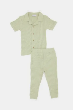 Infant Boys Green Waffle Shirt And Jogger Set (2 Piece)