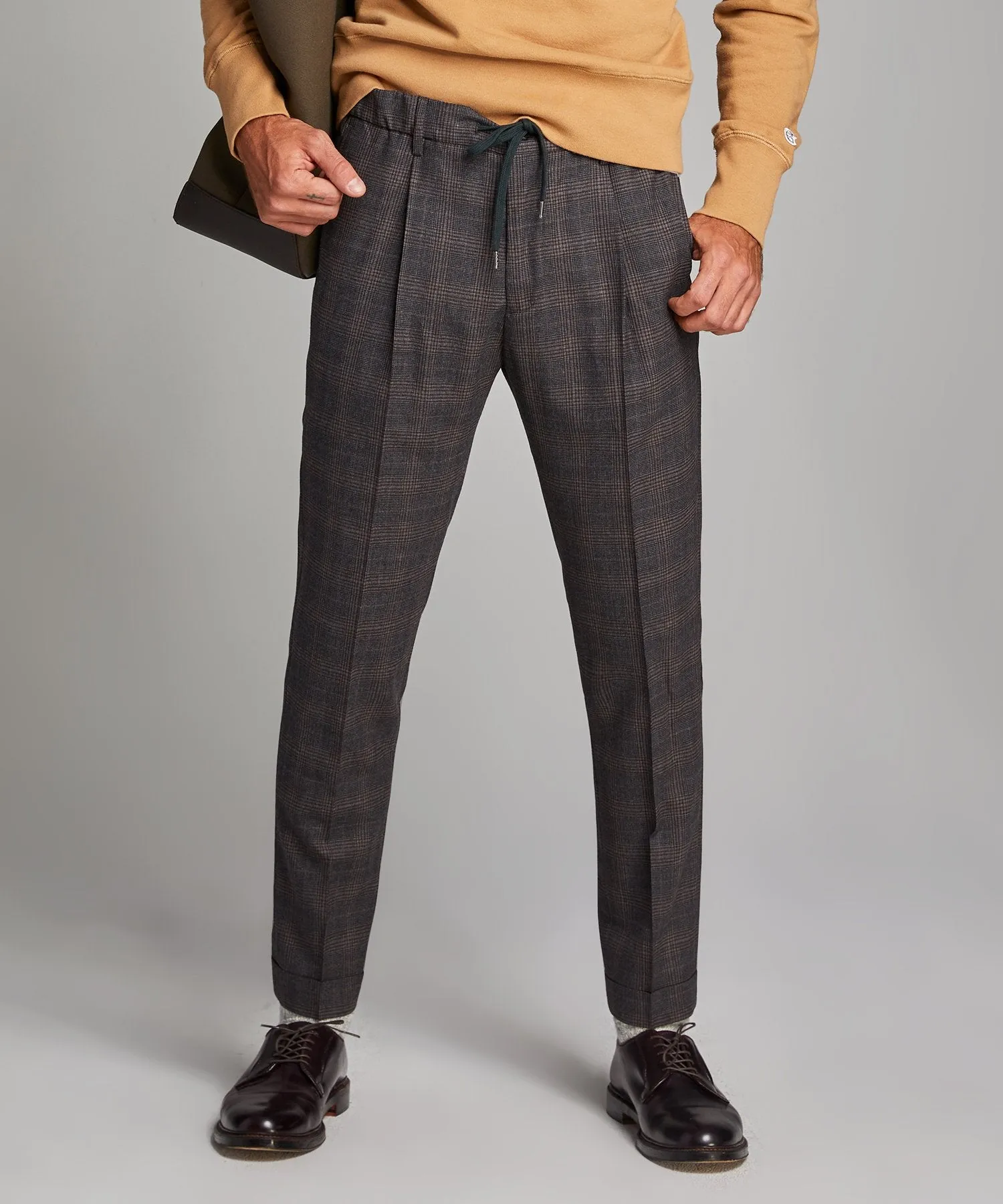 Italian Stretch Wool Glen Plaid Pleated Elastic Pant