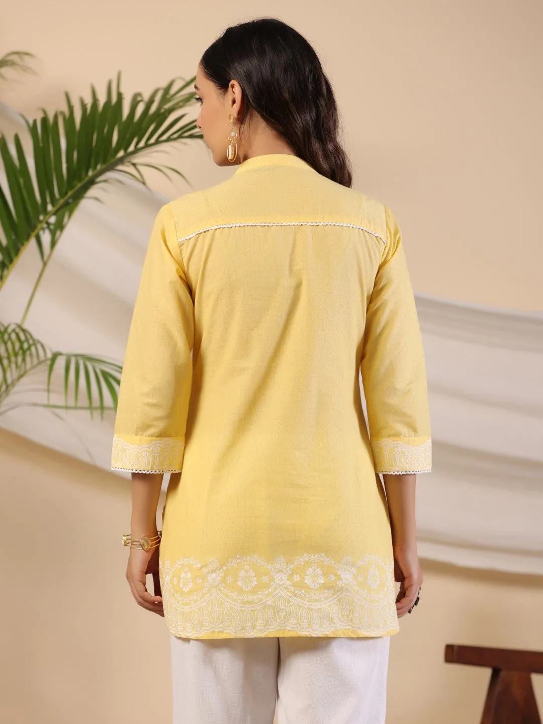 Juniper Yellow Ethnic Motif Printed Pure Cotton Tunic With Lace Work