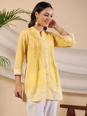 Juniper Yellow Ethnic Motif Printed Pure Cotton Tunic With Lace Work