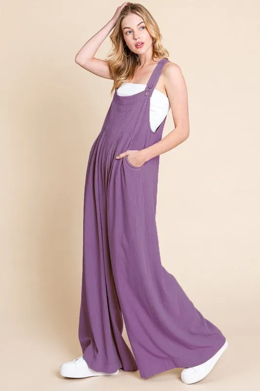 Lavender Wide Leg Washed Linen Overalls Jumpsuit