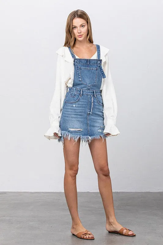 Lena Frayed Denim Overalls Dress