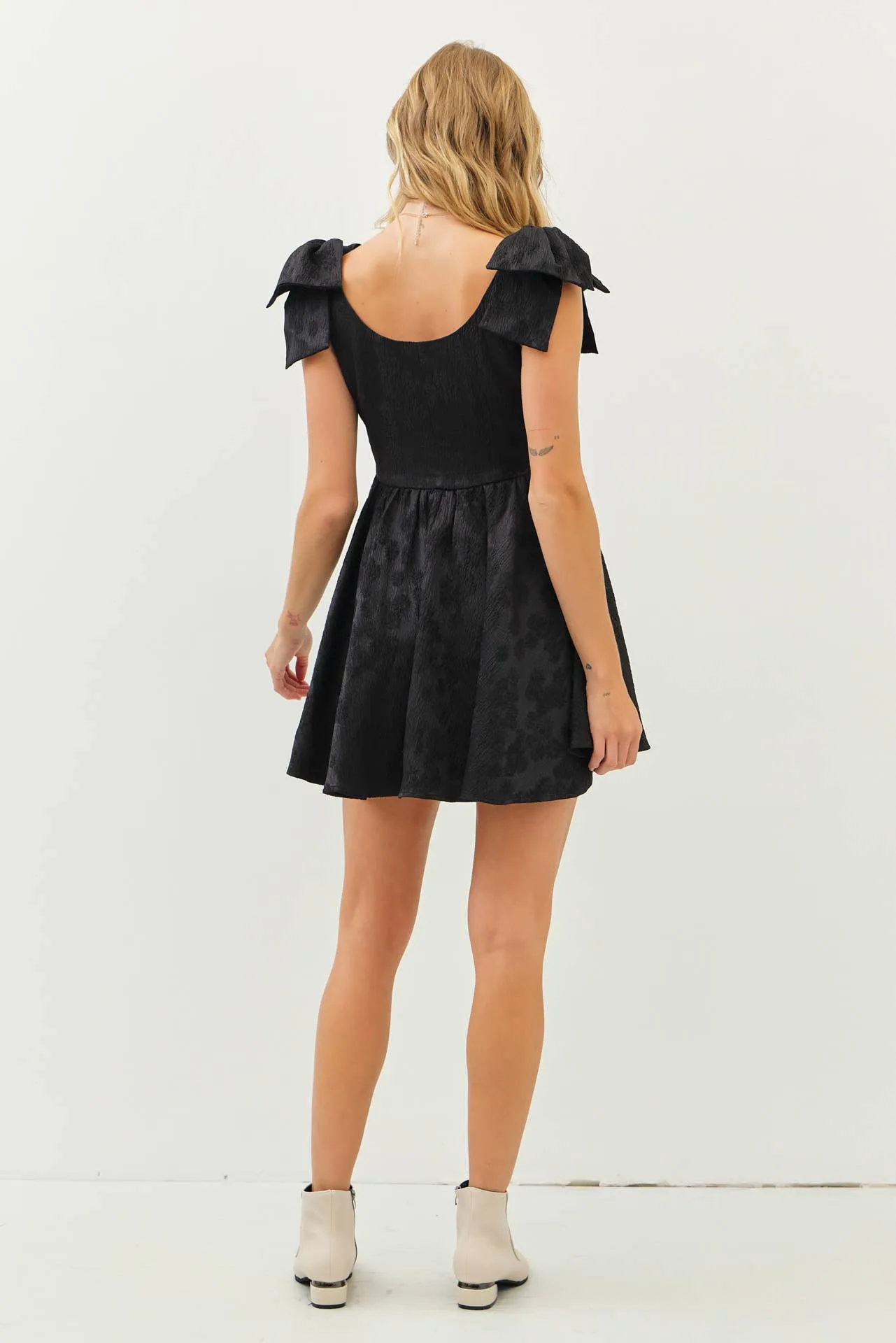 LOVELY TEXTURED FLARE MINI DRESS WITH BOW STRAPS