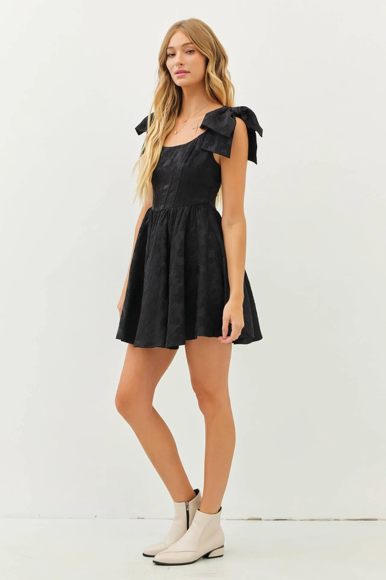 LOVELY TEXTURED FLARE MINI DRESS WITH BOW STRAPS