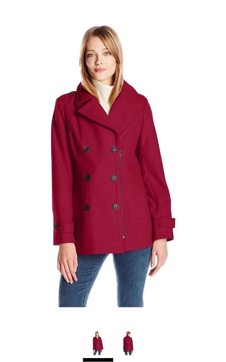 Lucky Brand Women's Double Breasted Zip Peacoat, Cranberry, Size Small