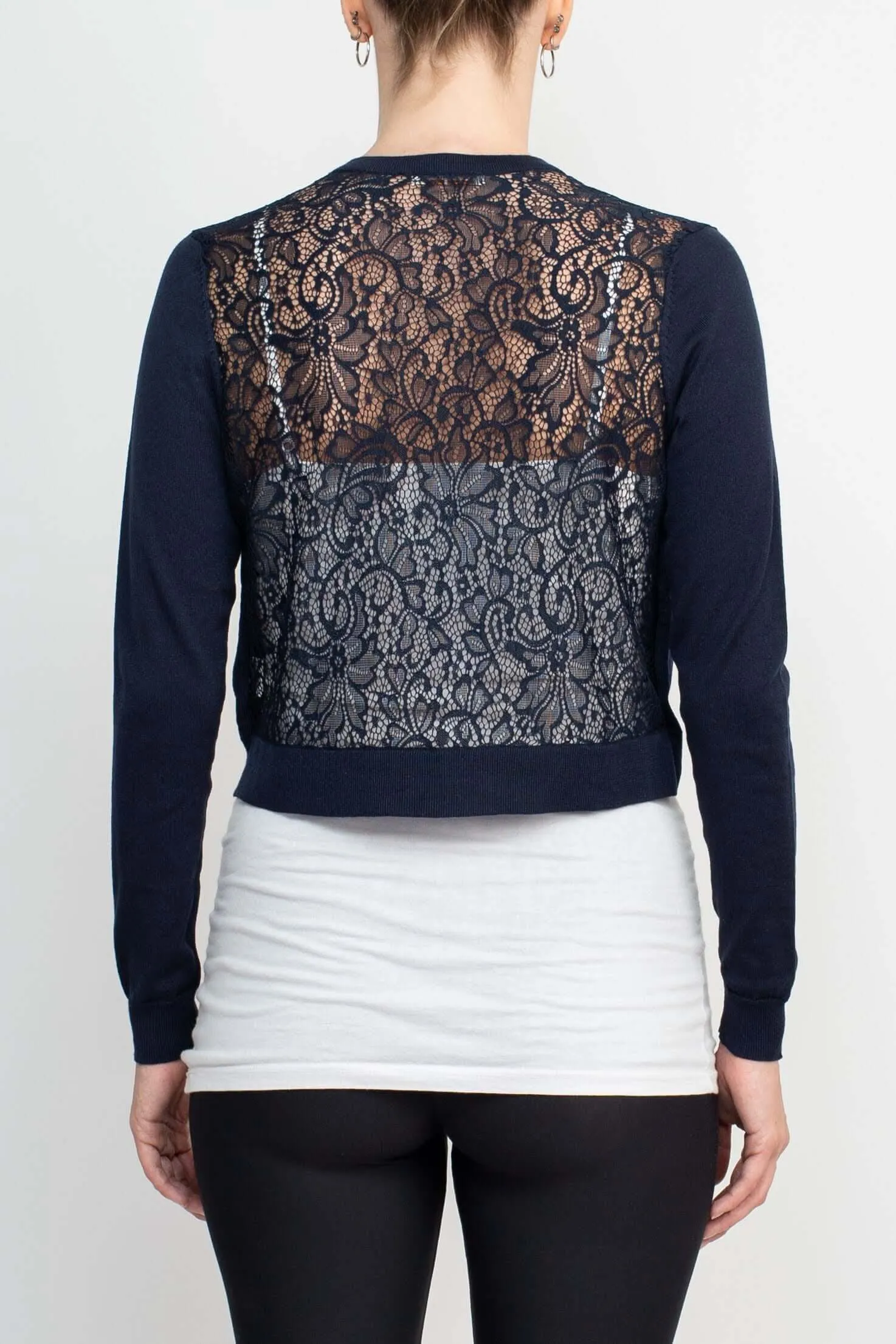 Luxxe Lane Crew Neck Long Sleeve Lace Back Hook Closure Knit Cardigan