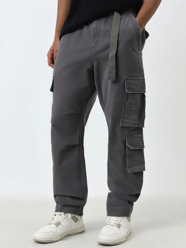 Nuon Grey Cargo-Style Relaxed-Fit Mid-Rise Cotton Pants