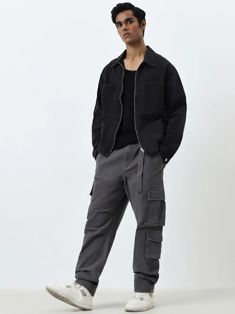 Nuon Grey Cargo-Style Relaxed-Fit Mid-Rise Cotton Pants