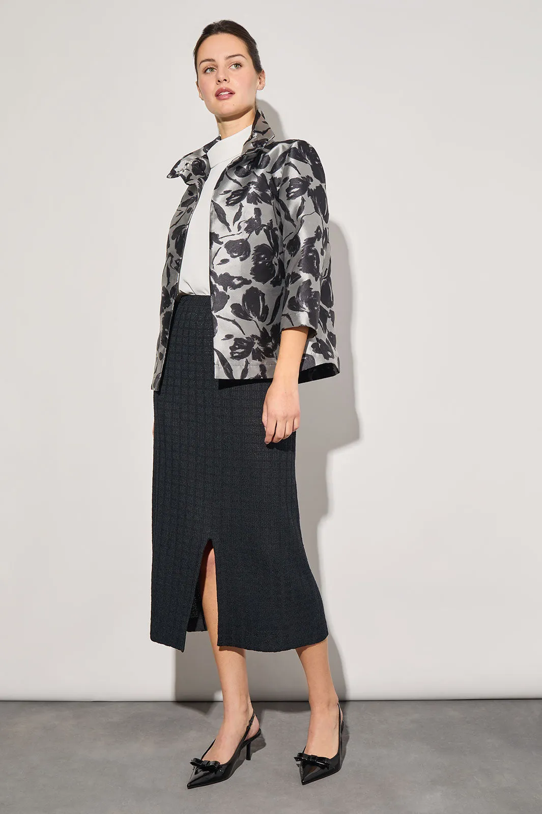 Plus Size Floral Woven Ruched Collar Jacket