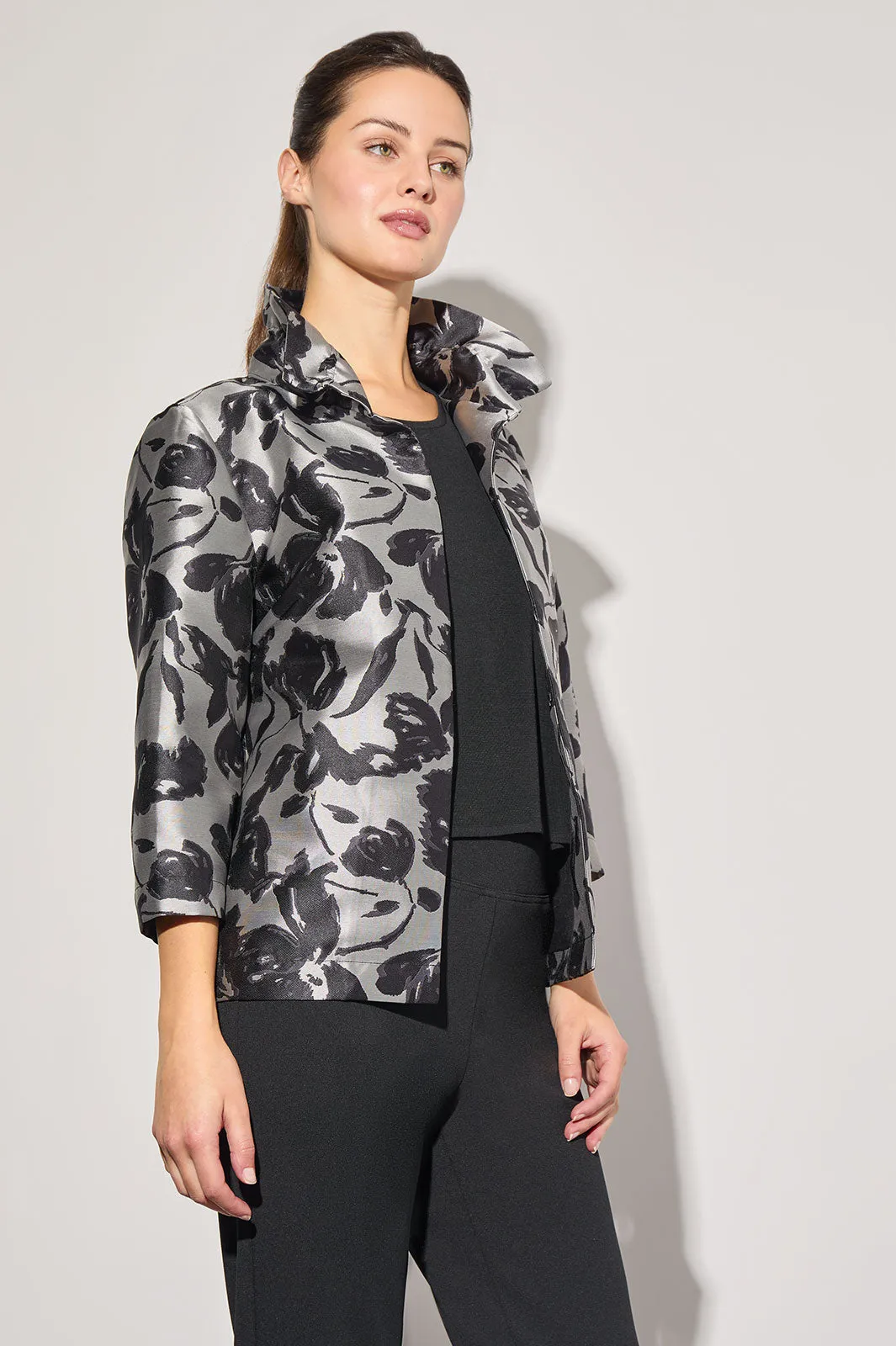 Plus Size Floral Woven Ruched Collar Jacket