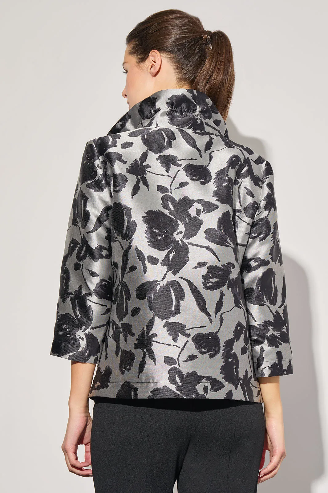 Plus Size Floral Woven Ruched Collar Jacket