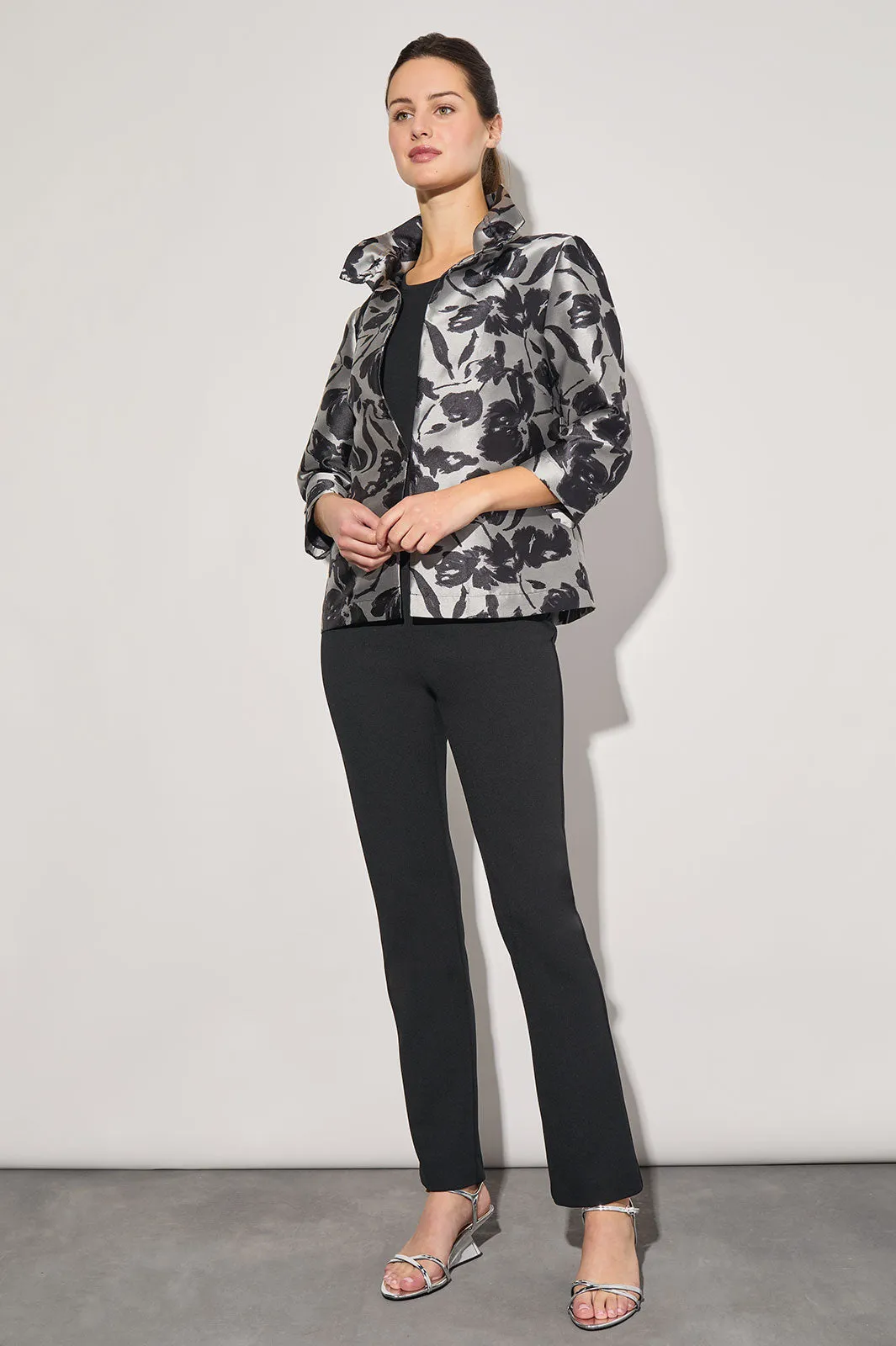 Plus Size Floral Woven Ruched Collar Jacket