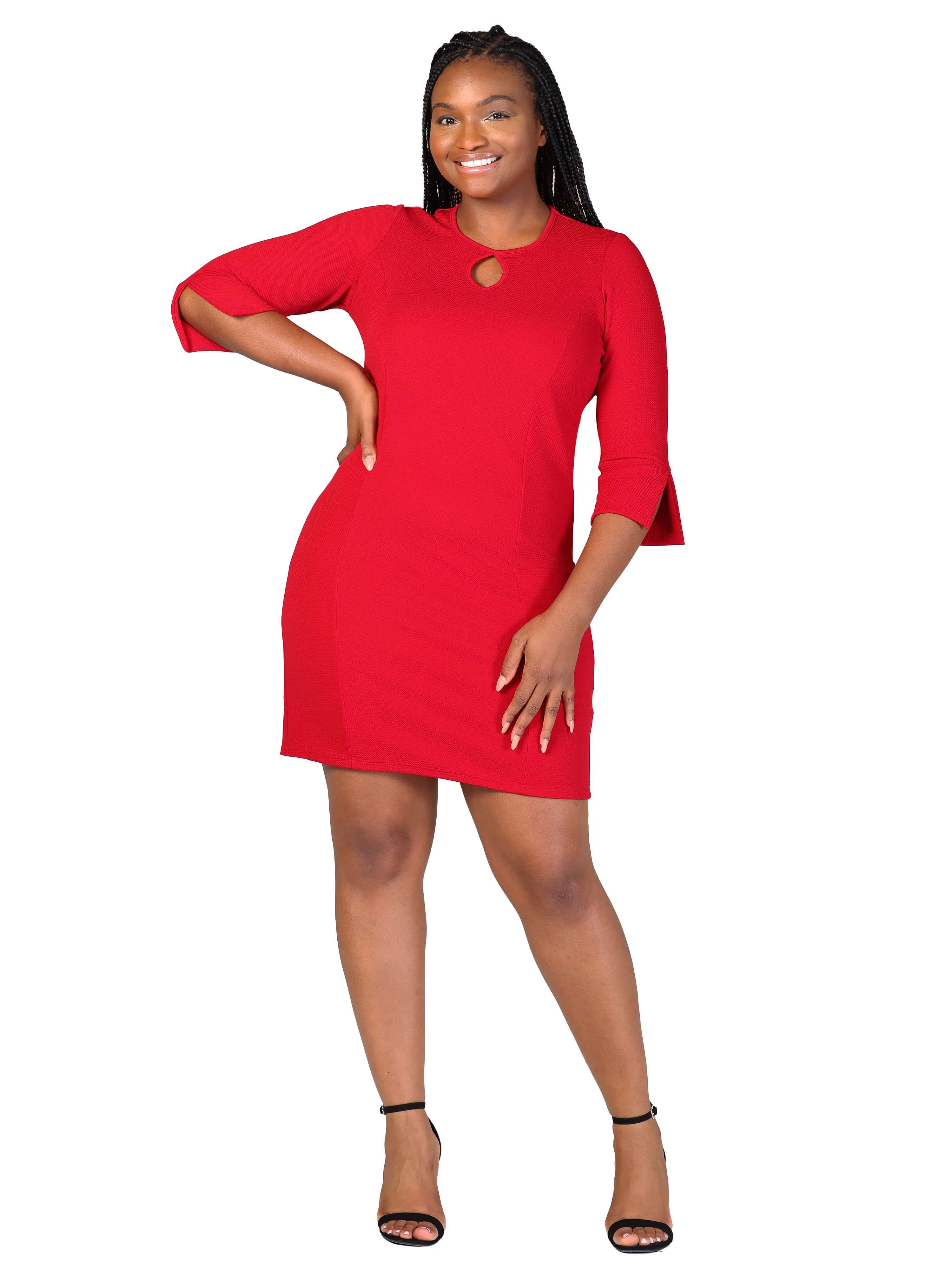 Plus Size Keyhole Three Quarter Sleeve Mini Dress