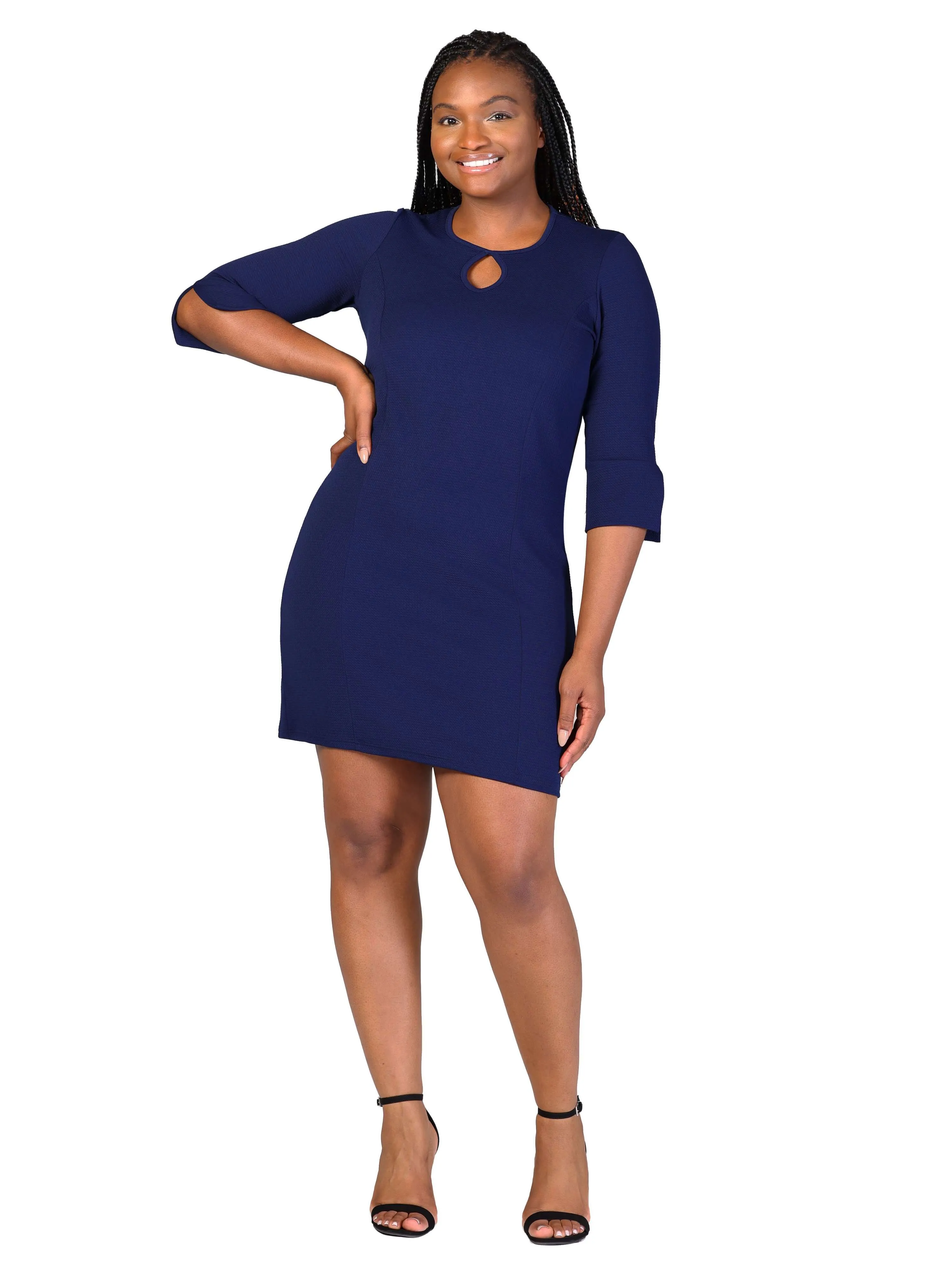 Plus Size Keyhole Three Quarter Sleeve Mini Dress