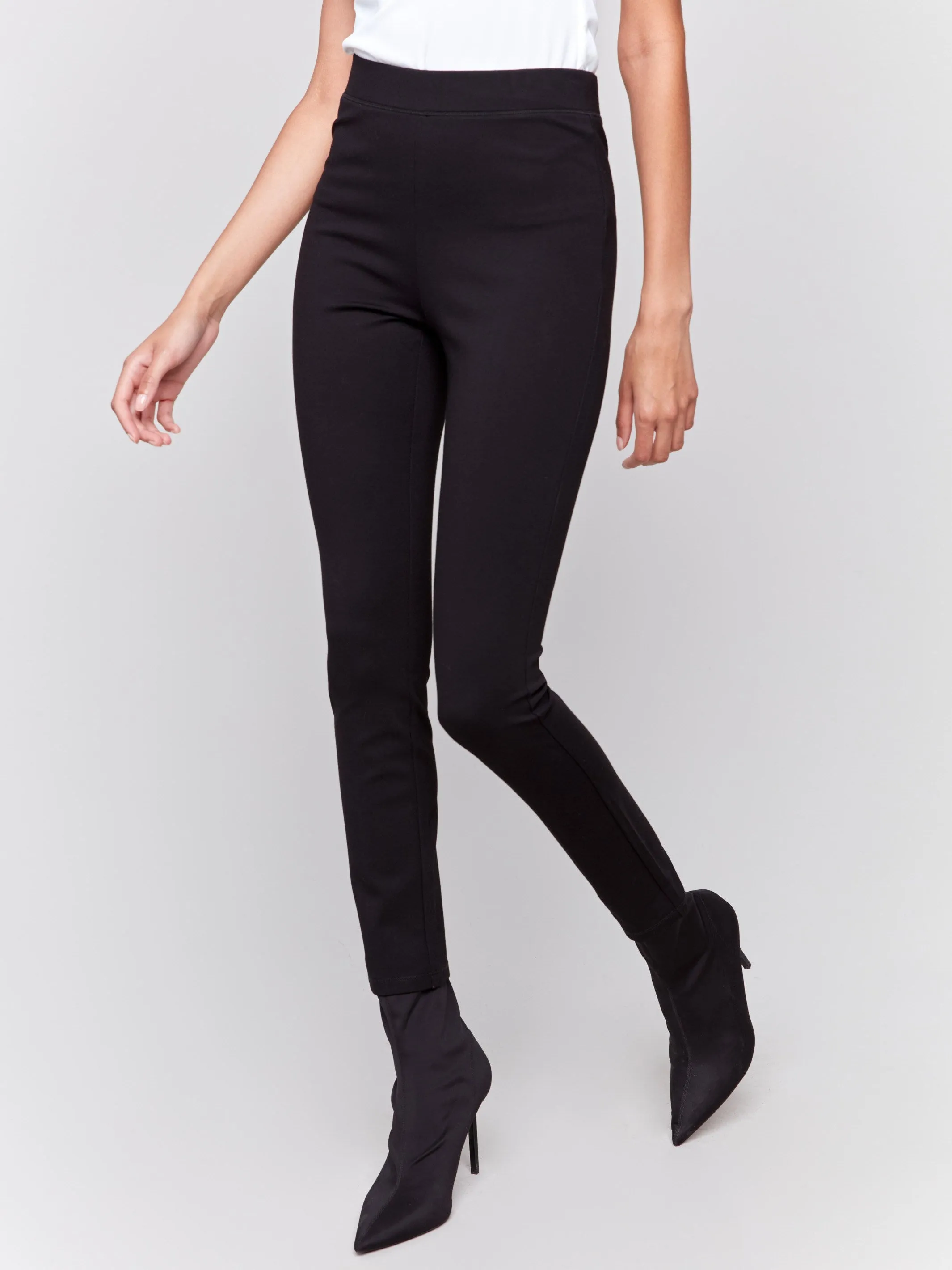 Pull-On Ponte Pants with Slit Detail - Black