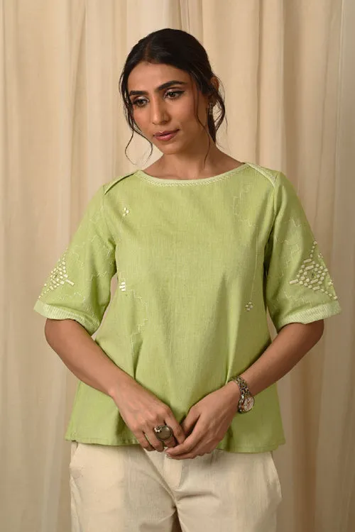 Rangsutra Baori Green Hand Embroidered Round Neck Top