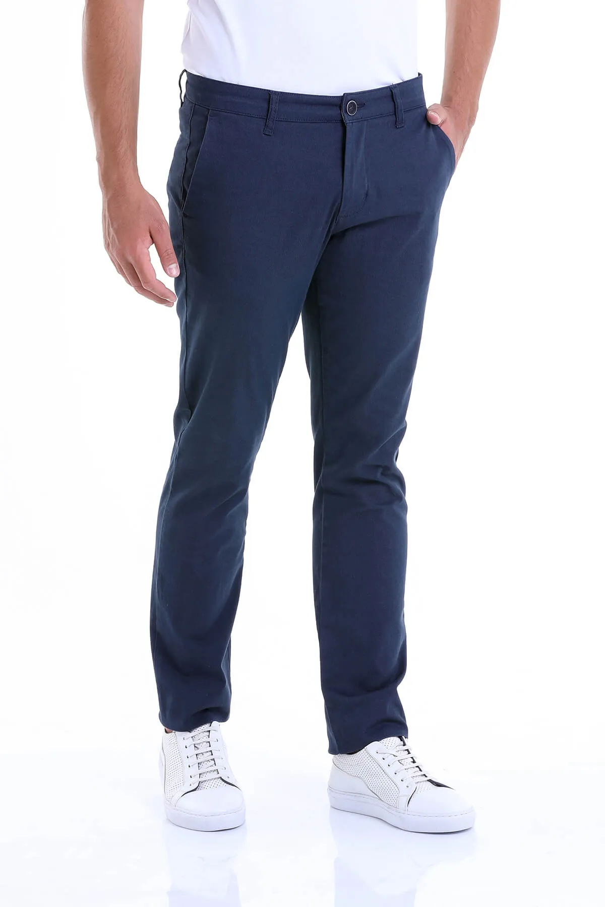 Regular Fit High Waist Navy Cotton Casual Pants