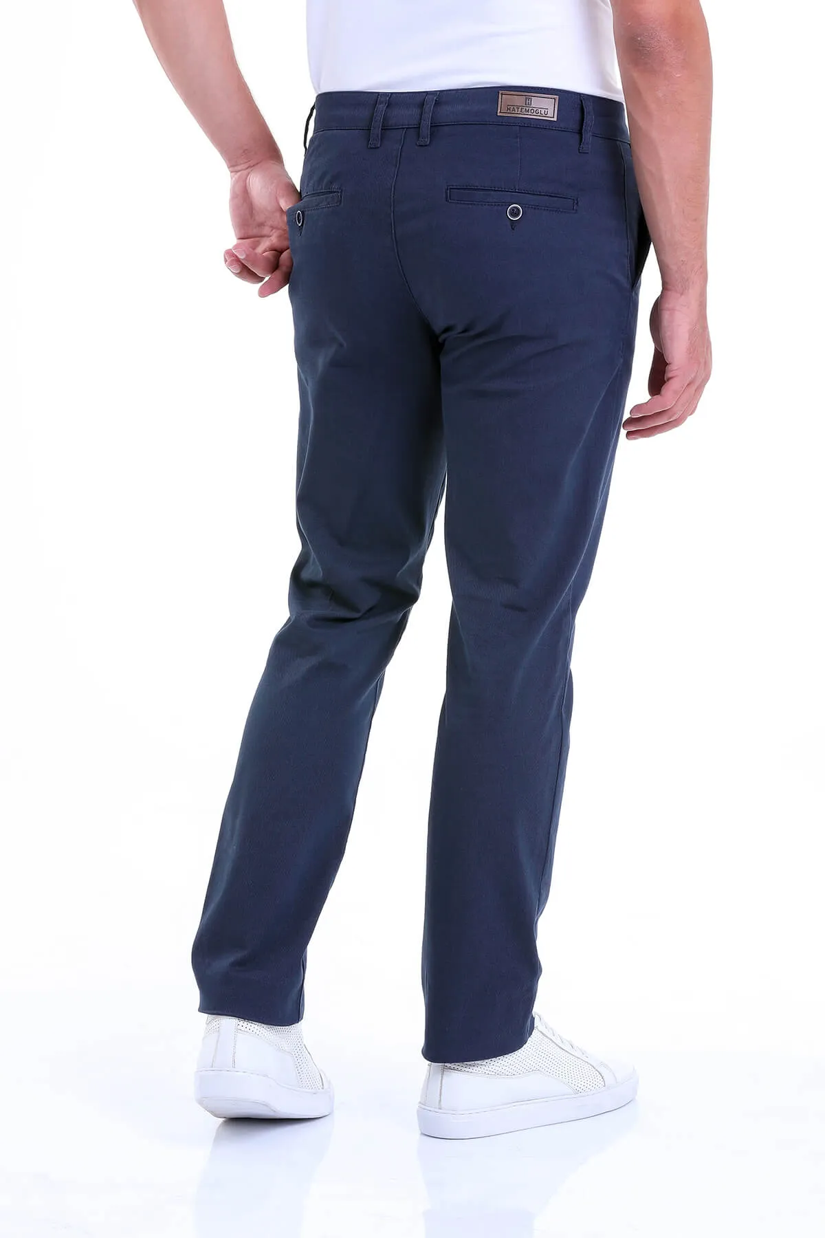 Regular Fit High Waist Navy Cotton Casual Pants