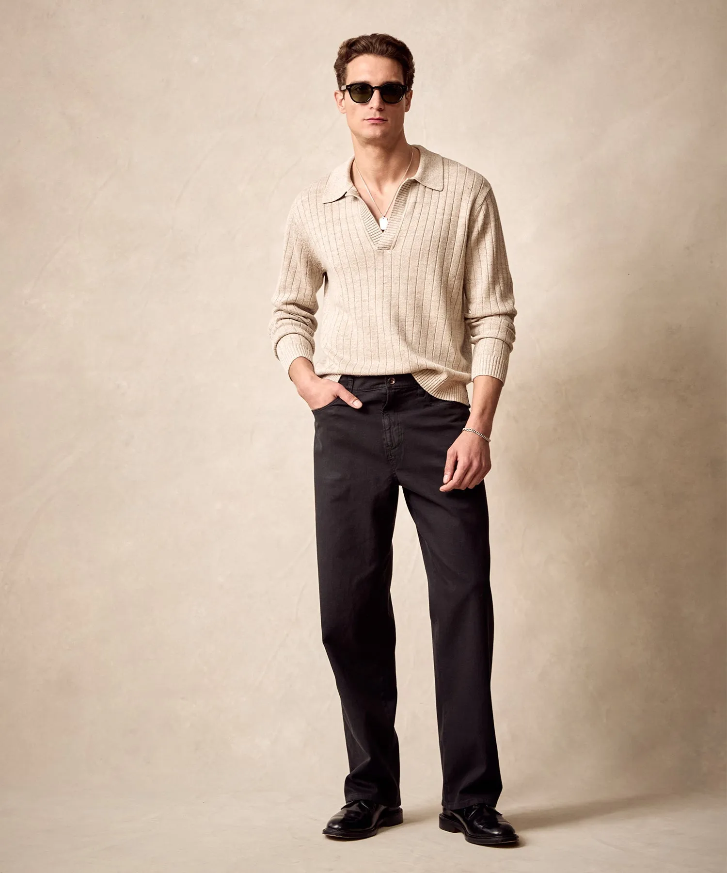 Relaxed Fit 5-Pocket Cotton Linen Pant in Black