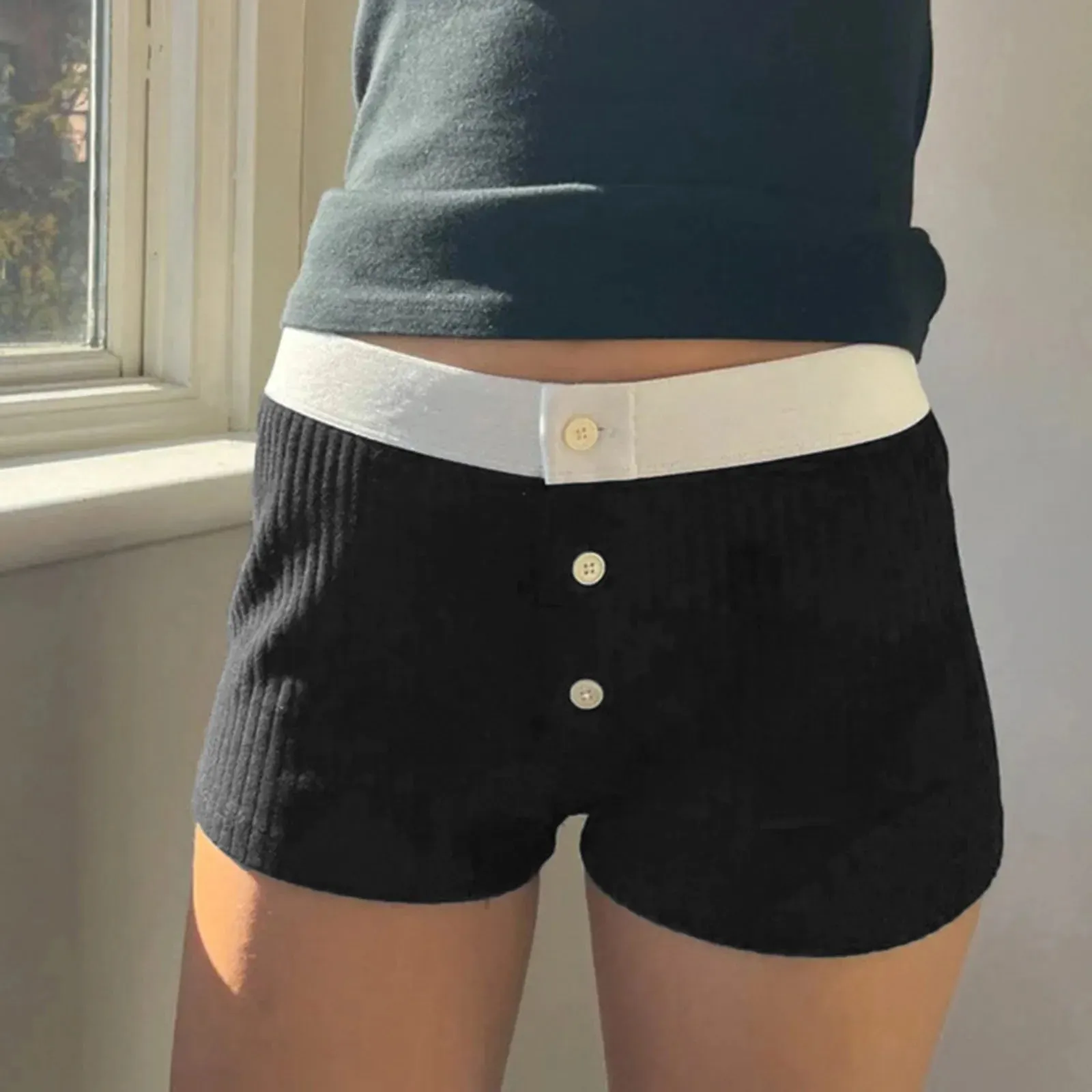 Retro Button Slim Patchwork Elastic High Waist Cotton Straight Pant Casual Shorts