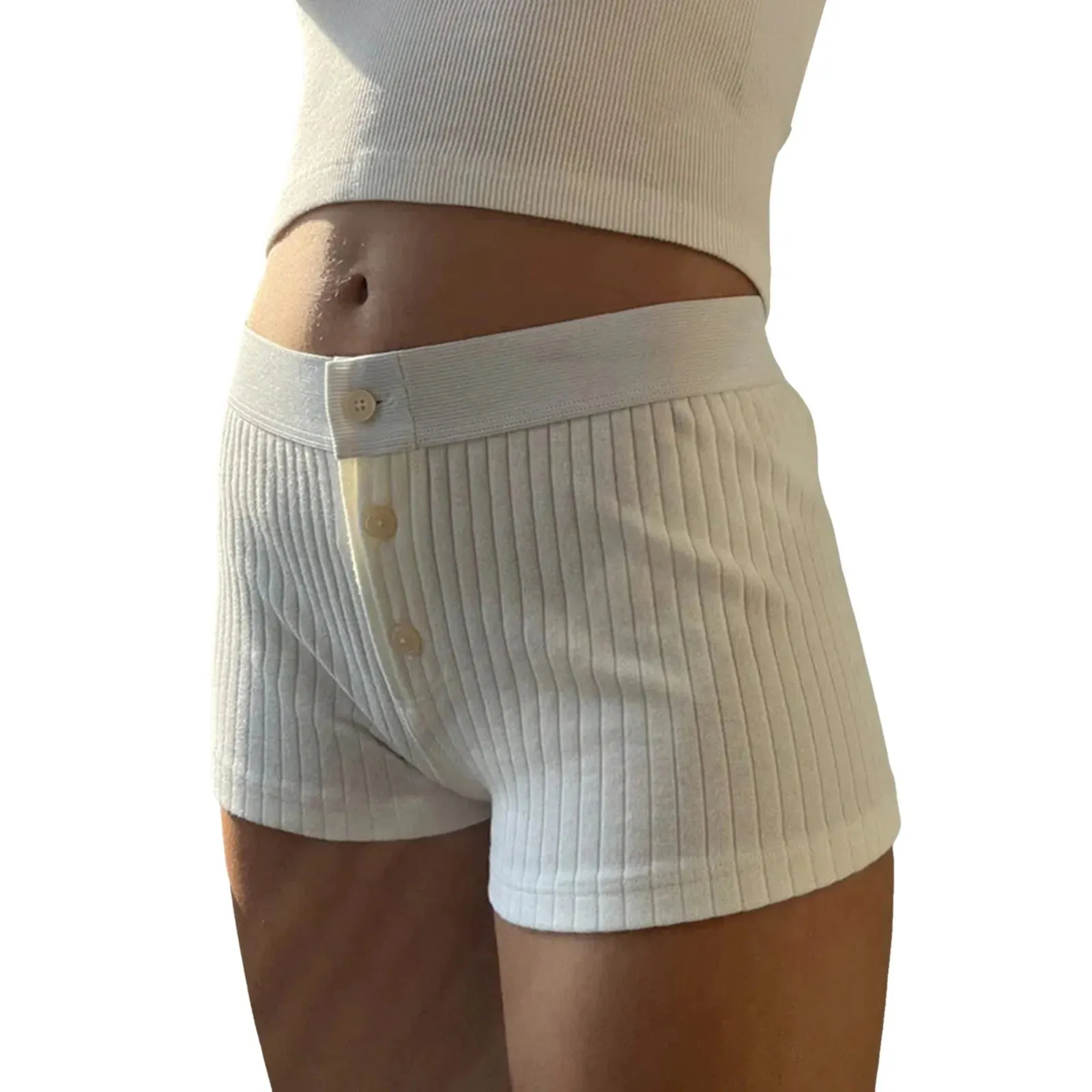 Retro Button Slim Patchwork Elastic High Waist Cotton Straight Pant Casual Shorts