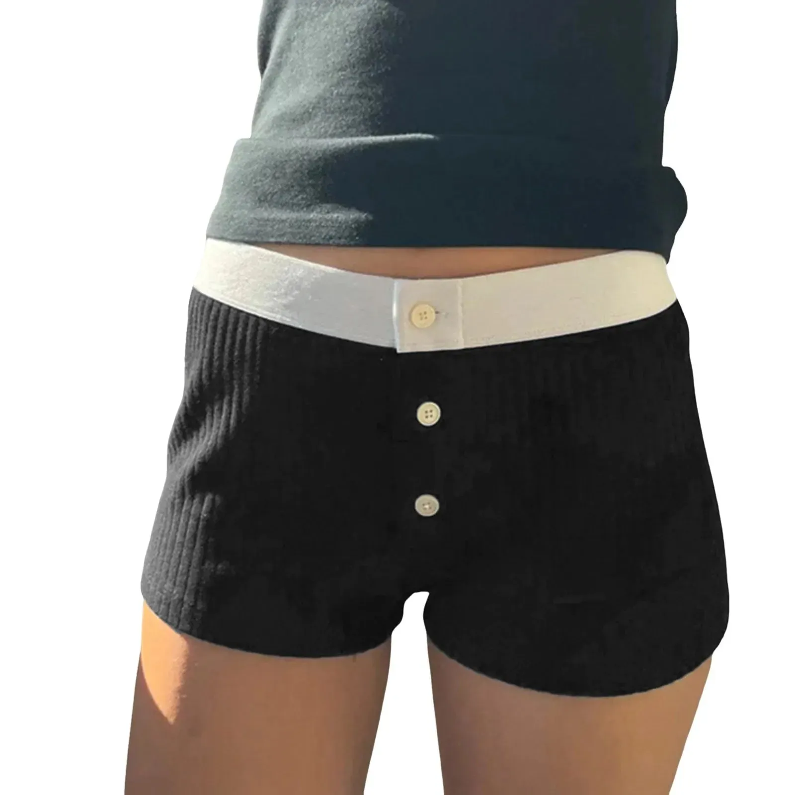 Retro Button Slim Patchwork Elastic High Waist Cotton Straight Pant Casual Shorts