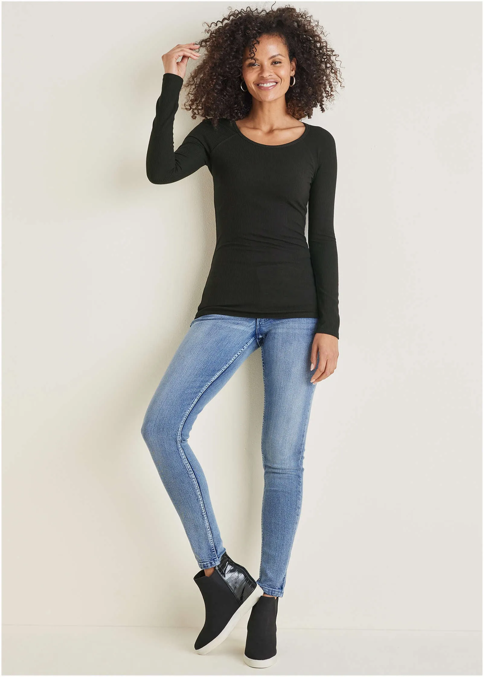 Ribbed Crew Neck Top - Black