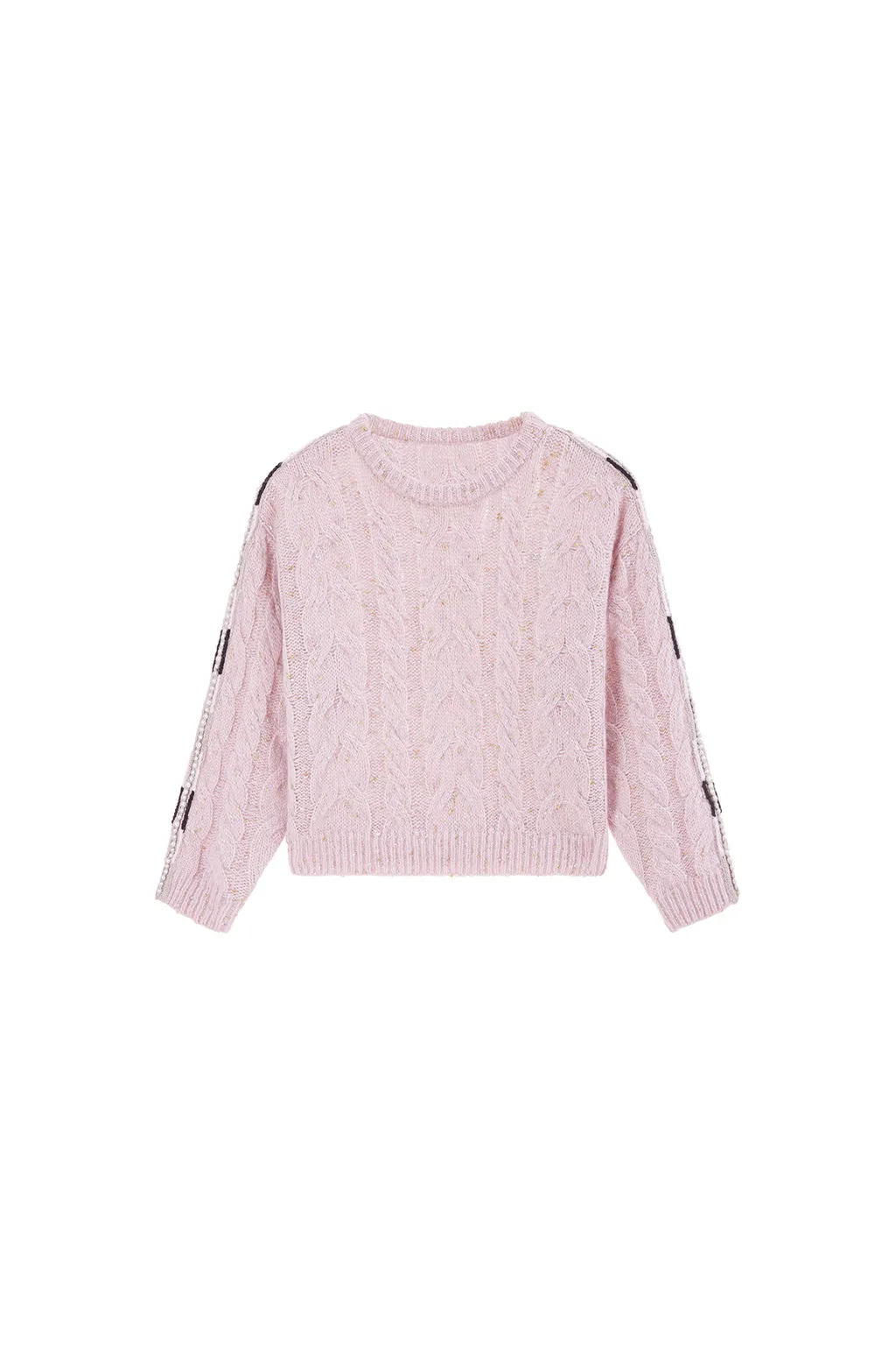 Round Neck Hand-Stitched Pearl-String Short Knit Sweater