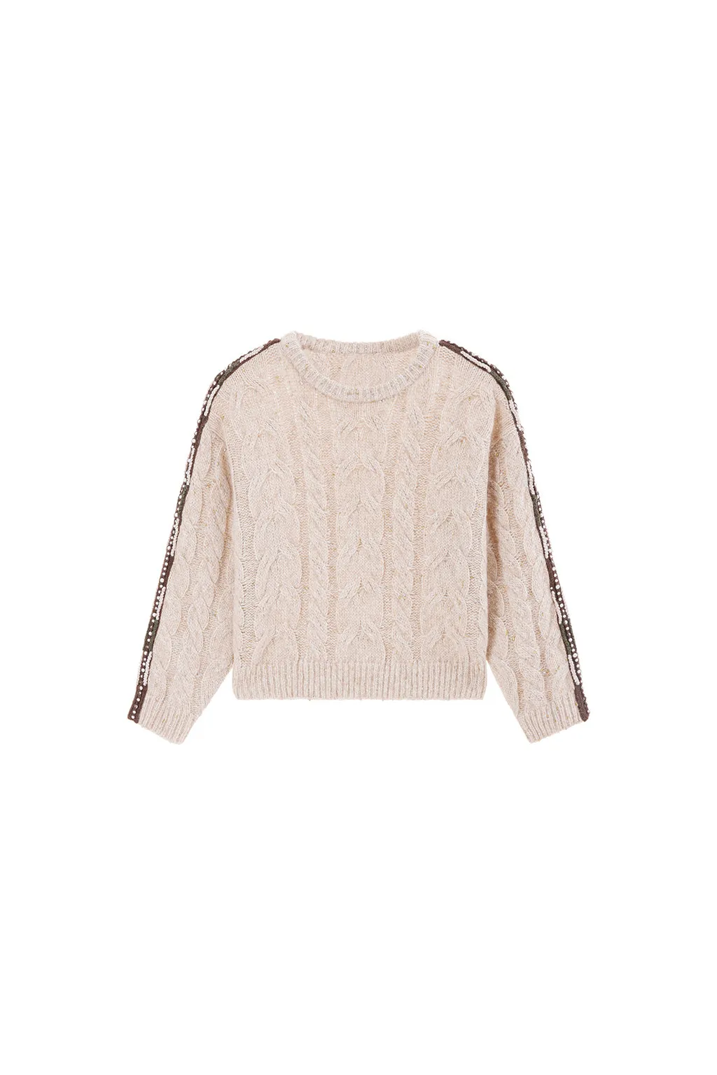 Round Neck Hand-Stitched Pearl-String Short Knit Sweater