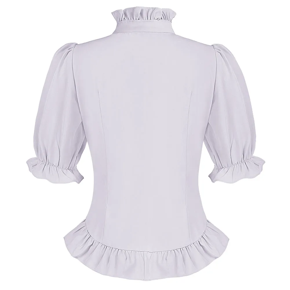 Ruffled Shirt Puffed Short Sleeve Stand Collar Button-up Blouse