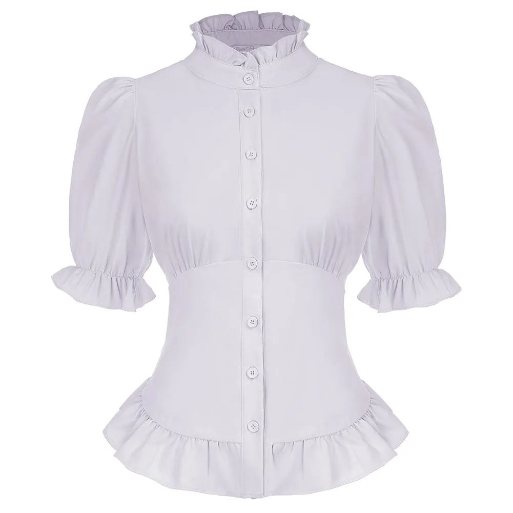 Ruffled Shirt Puffed Short Sleeve Stand Collar Button-up Blouse