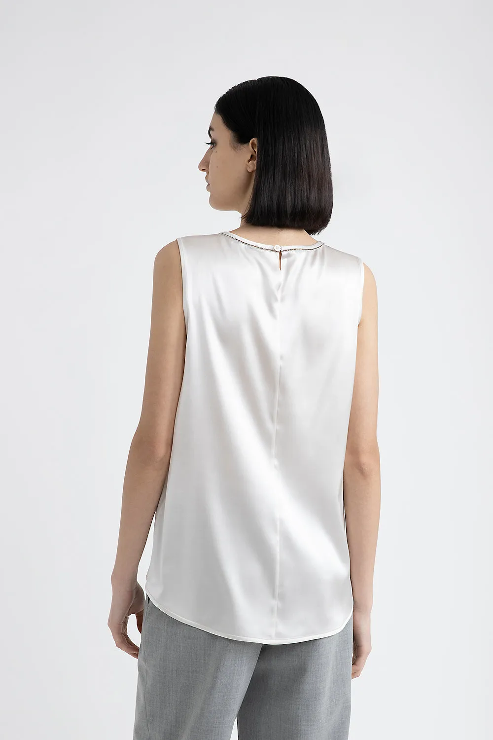 Shiny silk satin top with Punto Luce trim