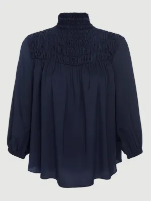 Silk Smocked 3/4 Sleeve Blouse -- Navy