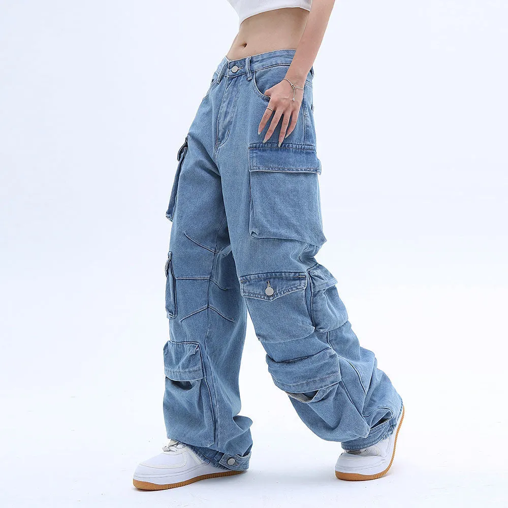 Solid Color Overalls Jeans Women's Y2K Street Retro Loose Wide-Leg Overalls Couple Casual Joker Mopping Jeans Pants Women