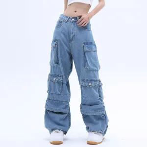 Solid Color Overalls Jeans Women's Y2K Street Retro Loose Wide-Leg Overalls Couple Casual Joker Mopping Jeans Pants Women