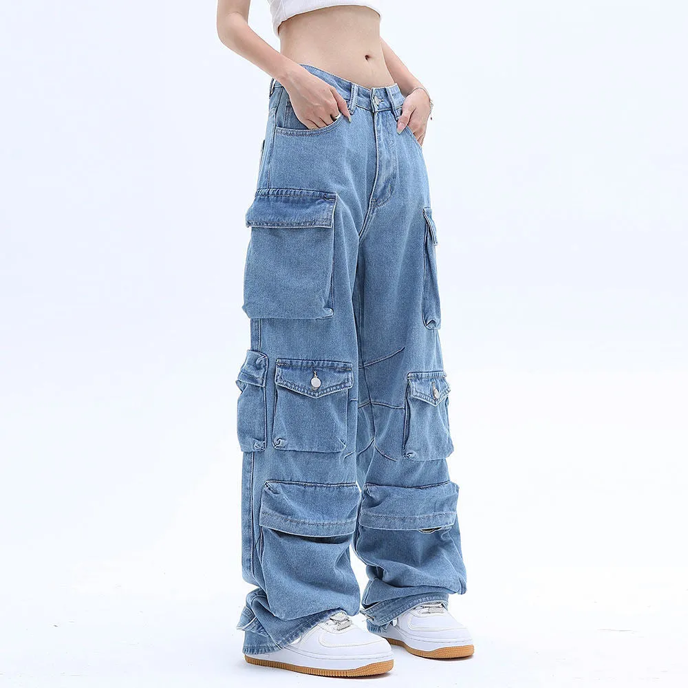 Solid Color Overalls Jeans Women's Y2K Street Retro Loose Wide-Leg Overalls Couple Casual Joker Mopping Jeans Pants Women