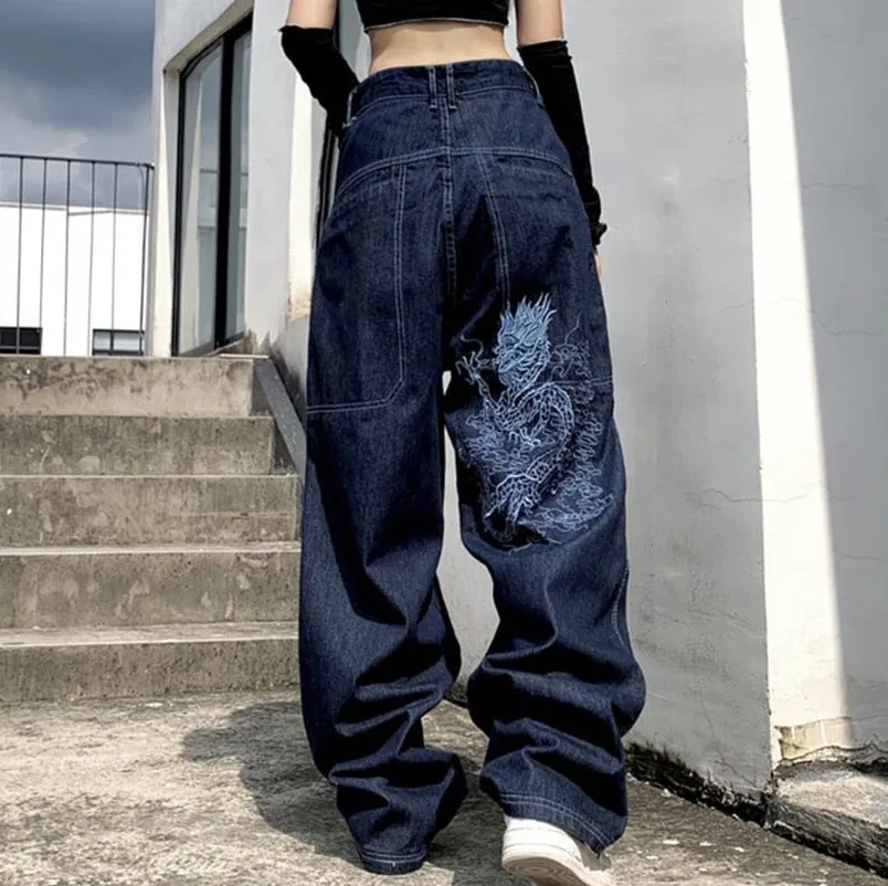 Solid Color Overalls Jeans Women's Y2K Street Retro Loose Wide-Leg Overalls Couple Casual Joker Mopping Jeans Pants Women