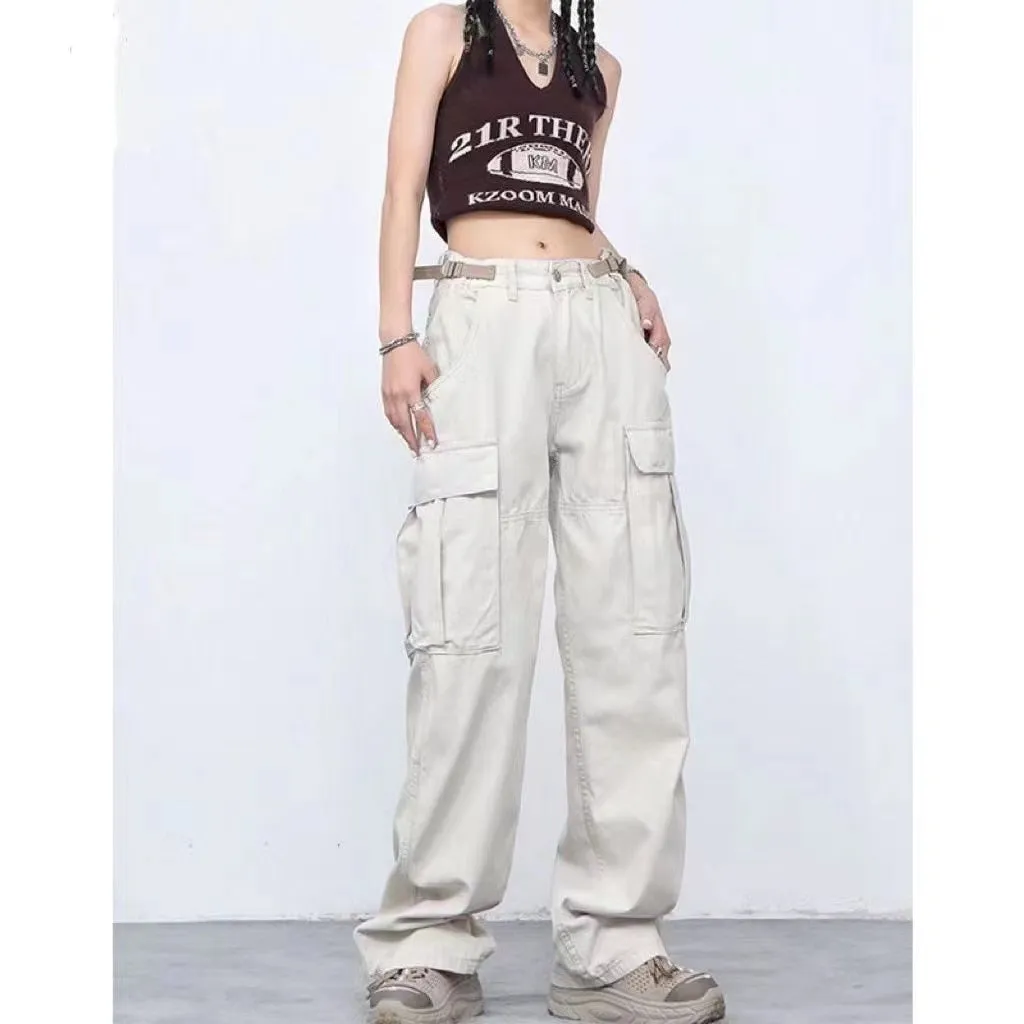 Solid Color Overalls Jeans Women's Y2K Street Retro Loose Wide-Leg Overalls Couple Casual Joker Mopping Jeans Pants Women