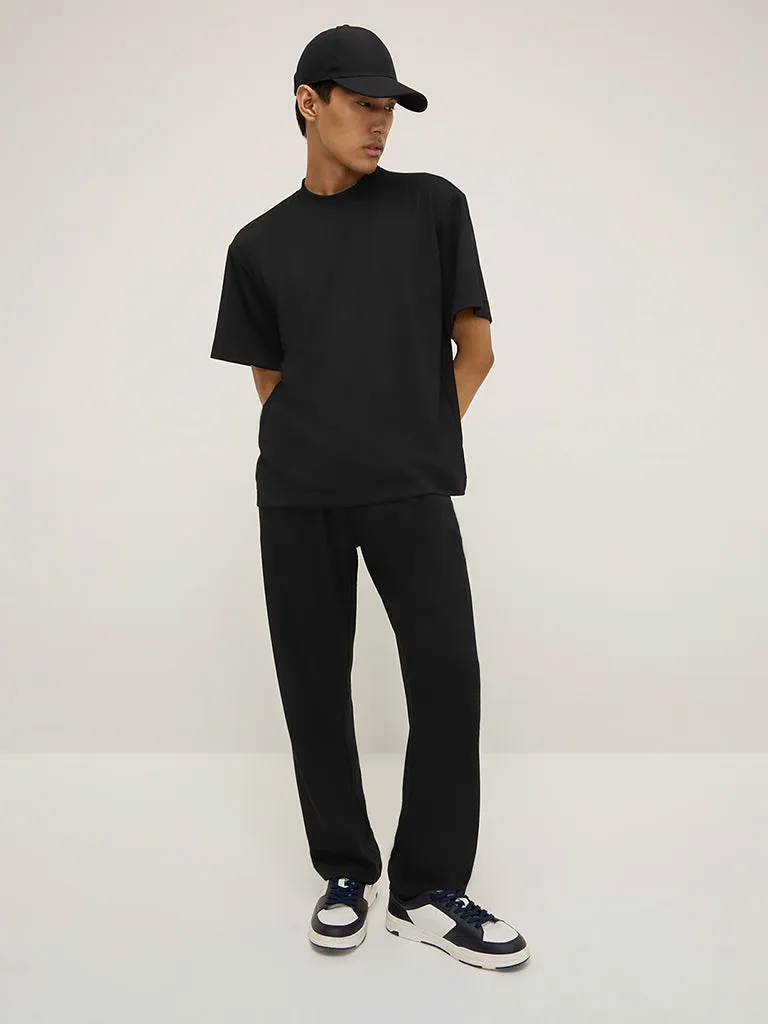 Studiofit Black Ribbed Relaxed-Fit Mid-Rise Track Pants