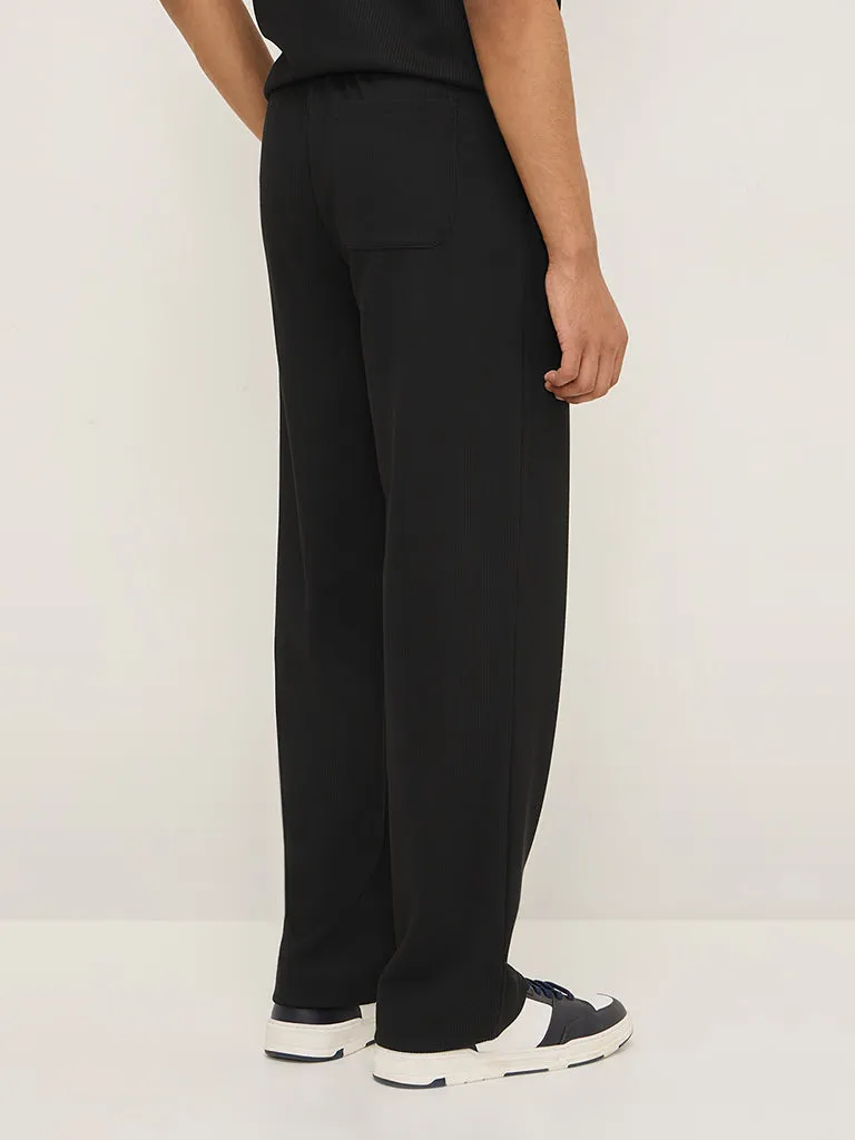 Studiofit Black Ribbed Relaxed-Fit Mid-Rise Track Pants