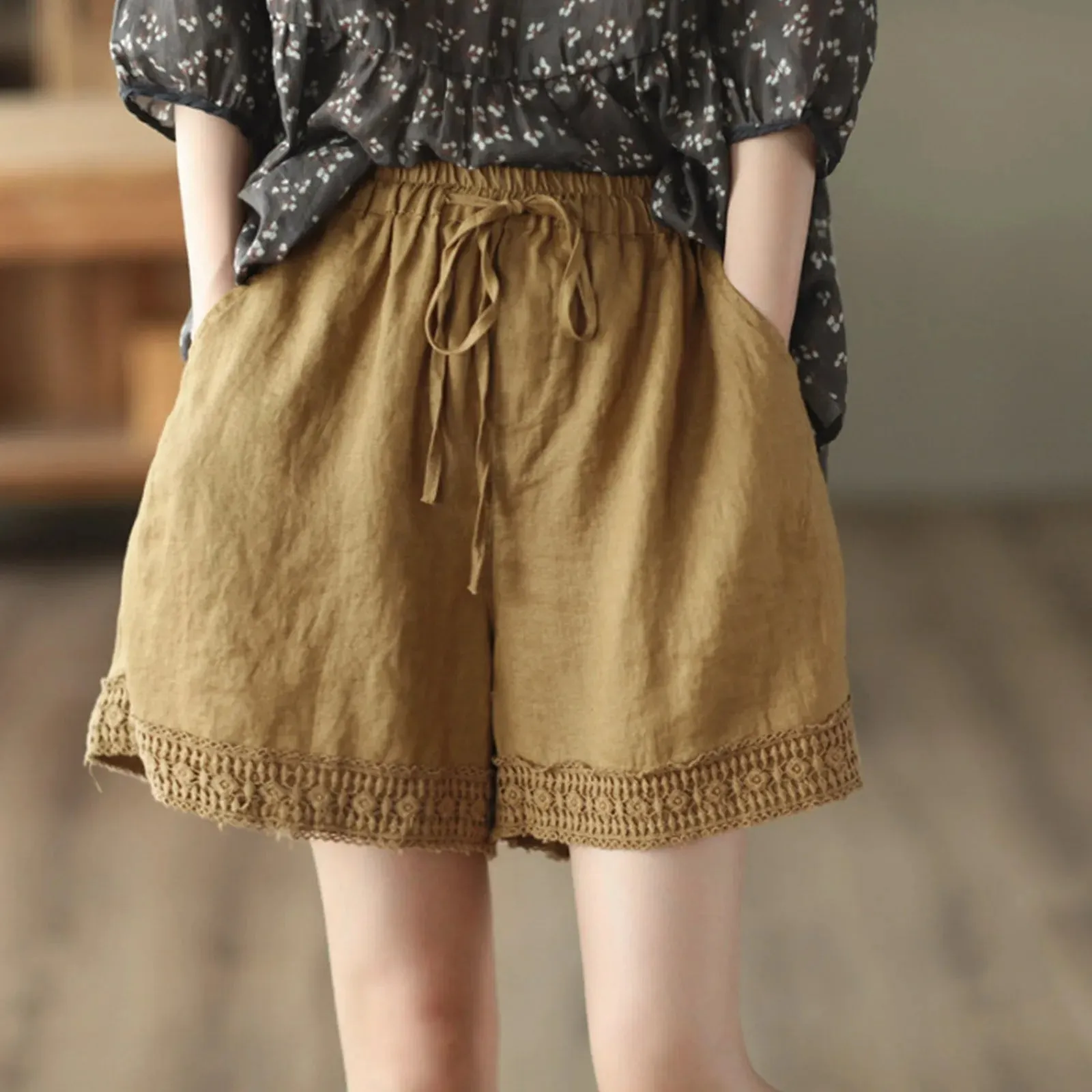 Summer Women's Straight Leg Pants with Retro Hollowed Out Hook Flower and Literary Lace Casual Style