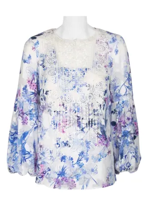 T Tahari Crew Neck Bishop Sleeve Pleated Lace Multi Print Paisley Blouse